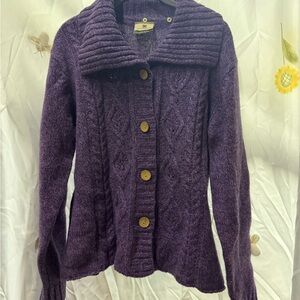Carraig Donn Purple Cable Knit Cardigan 100% wool traditional Irish knitwear